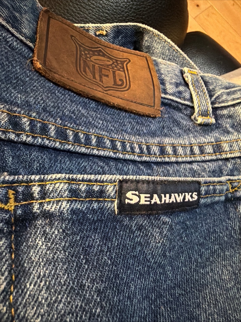 NFL Seahawks Men's Dark Blue Denim Jeans with Leather Patch 33x32